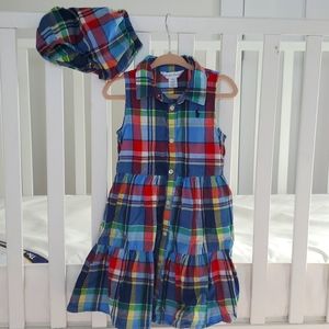 Ralph Lauren Red Blue Green Plaid Cotton Tiered Dress with Hat